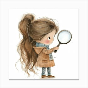 Delightful Sketchnote Of A Little Girl With Long Hair Holding A Magnifying Glass, A Little Explorer, Rosy Cheeks, Details, White Background, Full Body, Details, Kids Book Illustration Stampe su tela