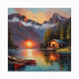 Cabin In The Mountains.Oil painting of a tranquil lake surrounded by mountains, with a cabin on the shore, boats, and a sunset, heavily textured brushstrokes, warm and vibrant colors Canvas Print