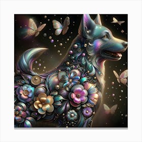 Dog With Flowers And Butterflies Canvas Print