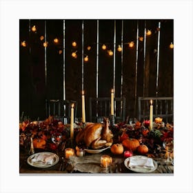 Thanksgiving Feast Spread Out On A Weathered Wooden Farm Table Turkey Glistening Under Warm Low Li Canvas Print