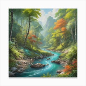 A stunning landscape painting featuring a crystal clear river winding through a lush forest, with vibrant colors and intricate details. 2 Canvas Print