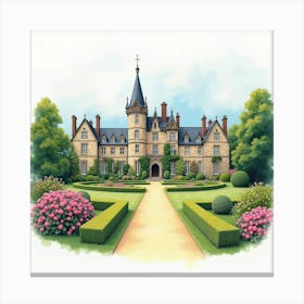 Watercolor Scene Of The Mount Stuart In Scotland, Showcasing Its Grand Architecture And Beautiful Gardens Canvas Print