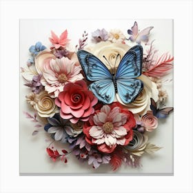 Paper Flowers With Blue Butterfly Canvas Print