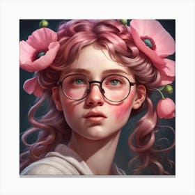 Girl With Glasses And Pink Poppy Flowers Canvas Print