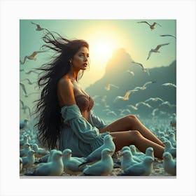 Beautiful Girl With Seagulls Canvas Print