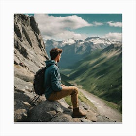 Man Sitting On Top Of A Mountain Canvas Print