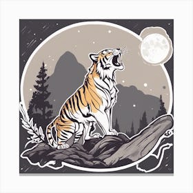 Sticker Art Design, Tiger Howling To A Full Moon, Kawaii Illustration, White Background, Flat Colors Canvas Print