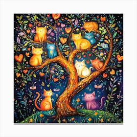 Folk Art Heart Tree Cat Climbing Artwork 7 Canvas Print