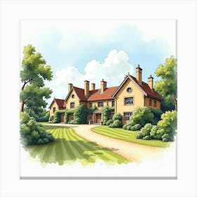 Watercolor View Of The Kirby Hall In Northamptonshire, Showcasing Its Historic Design And Beautiful Grounds Canvas Print