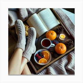 Young Woman In Bed With Book And Oranges Canvas Print