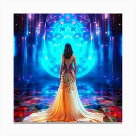 Elegant Woman Stands At The Center Of A Geometric Dreamscape Intricate Patterns Forming An Elaborat Canvas Print