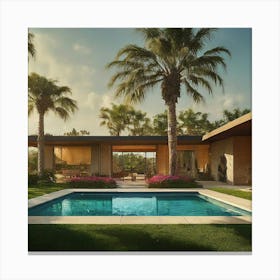 Modern House With Pool and Palm Trees Canvas Print