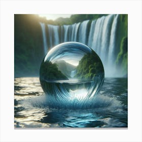 A glass sphere, reflecting a waterfall and lush greenery, floats on a calm lake. Canvas Print