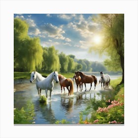 Horses In The Stream 3 Canvas Print