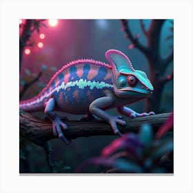 A Futuristic Chameleon With Holographic Scales Blending Into A Neon Lit Jungle Canvas Print