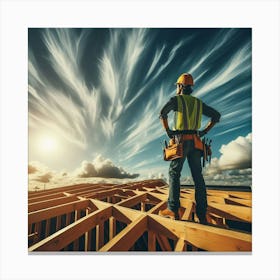 Construction Worker Standing On The Roof Canvas Print