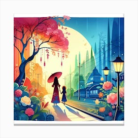 Asian Girl With Umbrella Canvas Print