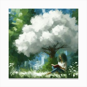 Girl Reading Under A Tree, Acrylic Painting Style Canvas Print