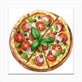 Watercolor Painting Of A Pizza With Tomatoes And Mushrooms Canvas Print