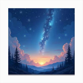 Cosmic Watercolor Landscape With Twinkling Stars 1 Canvas Print