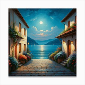 Night On The Lake with a small town, oil paintimg Canvas Print