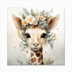 Baby Giraffe With Flowers Canvas Print