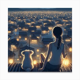 Little girl and her little dog looking at the night sky together 3 Canvas Print