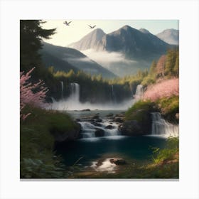 Waterfall With Pink Flowers Canvas Print