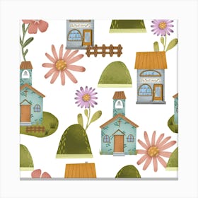 Cottages And Flowers seamless pattern Canvas Print