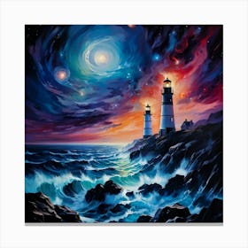 Lighthouses Engulfed In Darkness Against A Swirling Cosmic Ocean Reflecting The Hues Of Venus Nebul Canvas Print