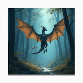 Mystical Dragon Flying Above A Glowing, Enchanted Forest Canvas Print