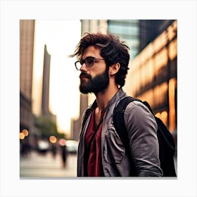 Man Black Hair Beard Red Brown Shirt Looking Away Black Backpack Glasses Metal Building (5) Canvas Print