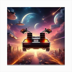 Back To The Future Delorean Flying Space, Synth Wave, Digital Art (1) Canvas Print