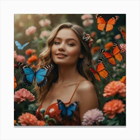 Beautiful Woman With Butterflies In The Garden Canvas Print