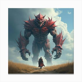 Titan Slayer In A Stormy Battlefield, Watercolor Clouds 1 Canvas Print