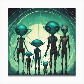 Alien Family Painted To Mimic Humans, In The Style Of Art Elements, Folk Art Inspired Illustrations Canvas Print