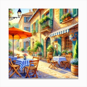 Charming European Café Street in Pastel Tones – Outdoor Dining in Provence Canvas Print