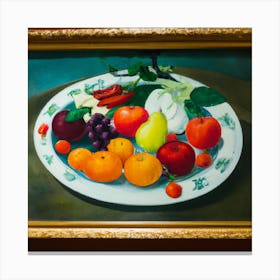 Chinese Oil Paintings With Fruit And Vegetables In A Plate In Top Of A Table Canvas Print