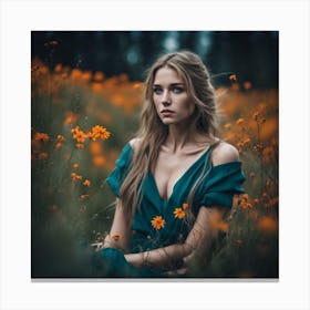 Portrait Of A Girl In A Field Of Flowers Canvas Print