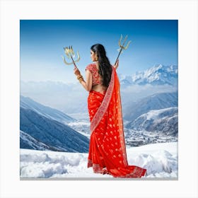 Backward View Of A Married Woman In A Vibrant Traditional Sari Embodying The Goddess Durga With Her Canvas Print