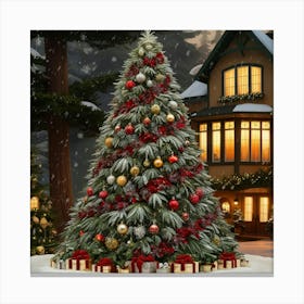 Christmas Tree In Front Of House Canvas Print