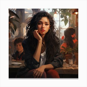 Girl Sitting In A Plant Cafe Canvas Print