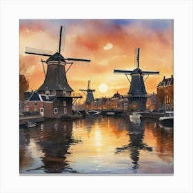 Sketching Amsterdam S Windmills At Sunset, Capturing The Essence Of Dutch Life Style Windmill Sunset Impressionism Art Print Canvas Print