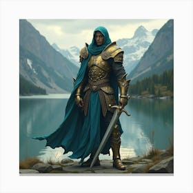 A Fierce Warrior In Enchanted Armor Standing By A Shimmering Lake 1 Canvas Print