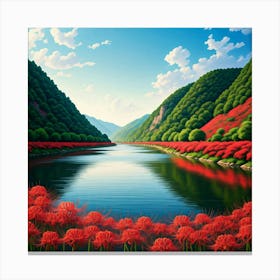 Red Flowers In A River Canvas Print