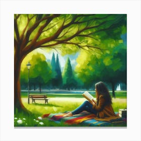 Girl Reading A Book In The Park, Acrylic Painting Style 1 Canvas Print