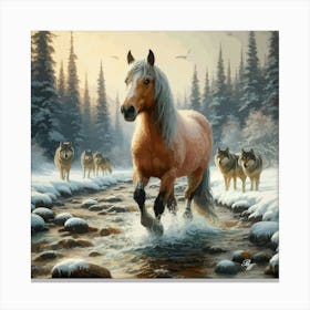 Beautiful Horse In Stream With Wolves 2 Canvas Print