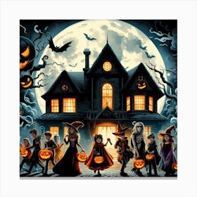 Halloween Children In Front Of House Canvas Print
