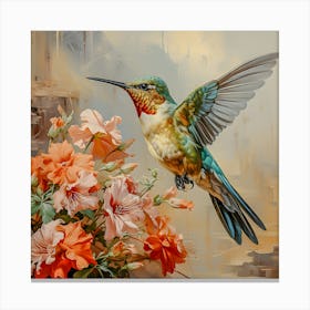 Floral Symphony: Hummingbird with Orange Flowers - Realistic Nature Art Canvas Print