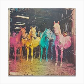 Rainbow Retro Horses In The Barn Abstract Collage Canvas Print